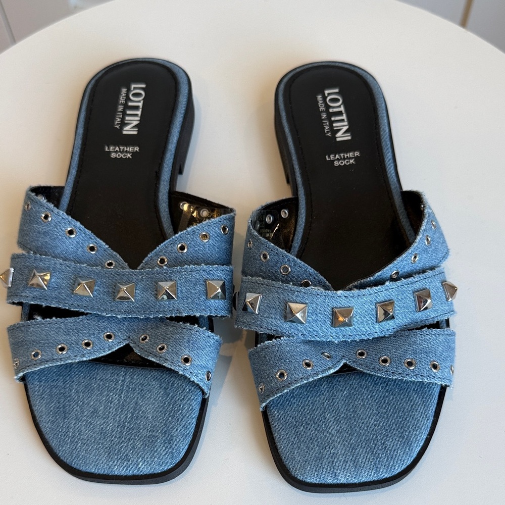 Denim Slide Sandals with Stud Details in Blue